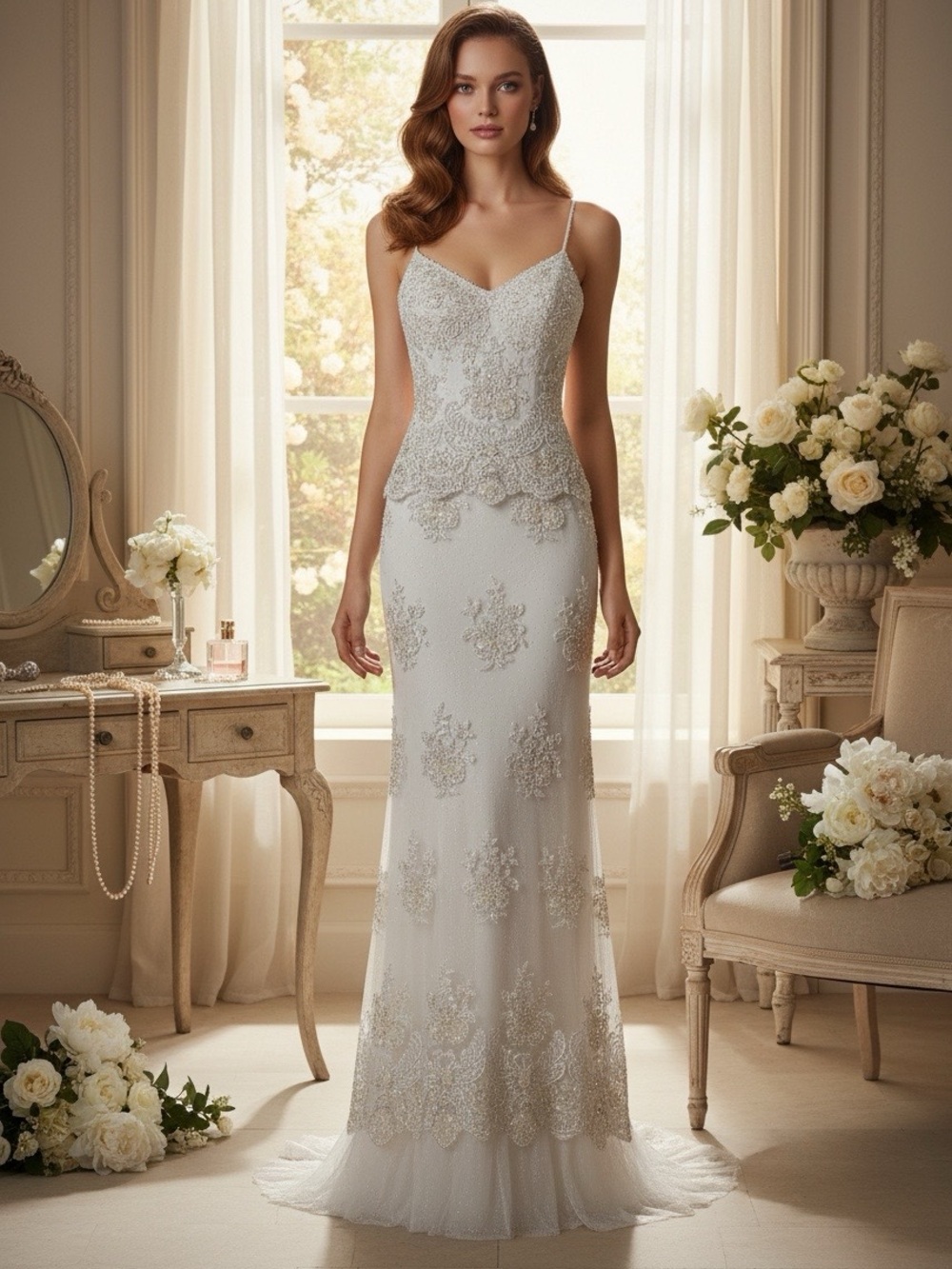 Elegant hand beaded with lace white Spaghetti-Strap‎ Bridal Gown